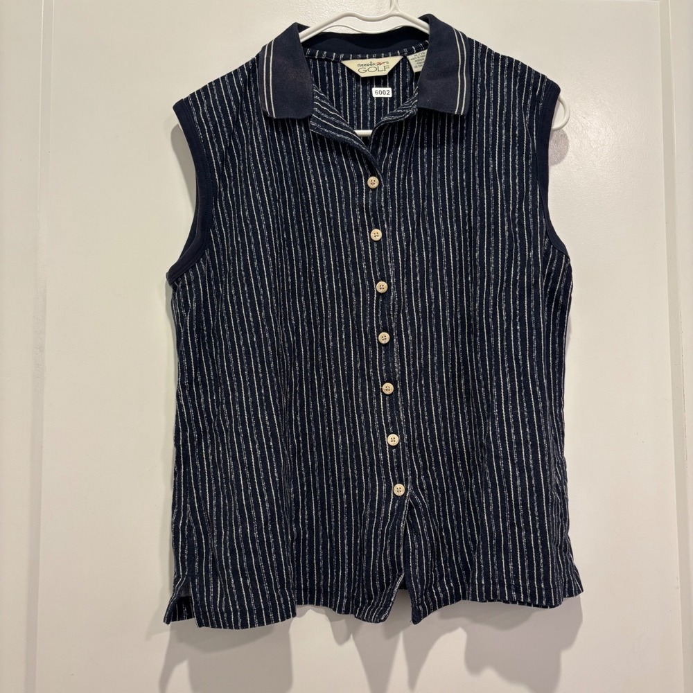 Reebok Golf Womens XL Sleeveless Button Down Shirt Navy Pinstripe Polo Top